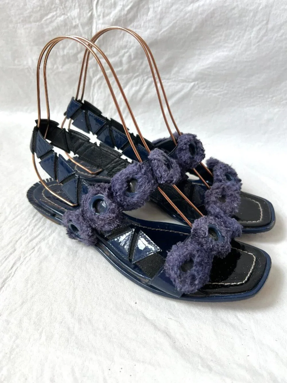 Tory Burch sandals blue patent leather womens 7.5 flat slingback Freya fringe